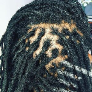 A close up of the back of a person 's head with dreads.